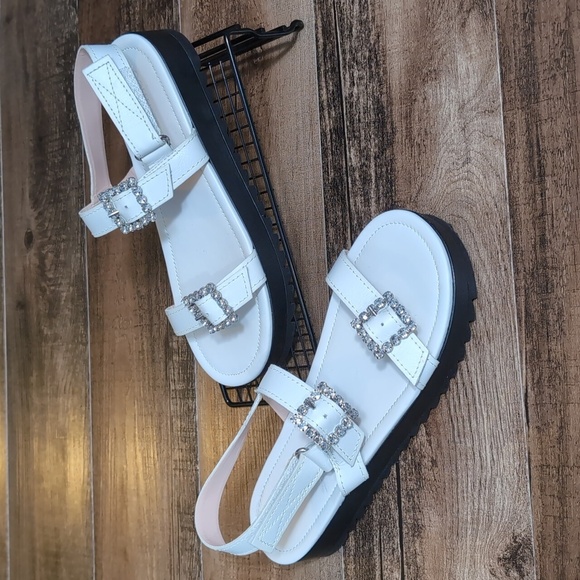 Schutz Ruth Embellished Leather Flatform Slingback Sandals Size 8.0 In White 1.5 - Picture 1 of 12